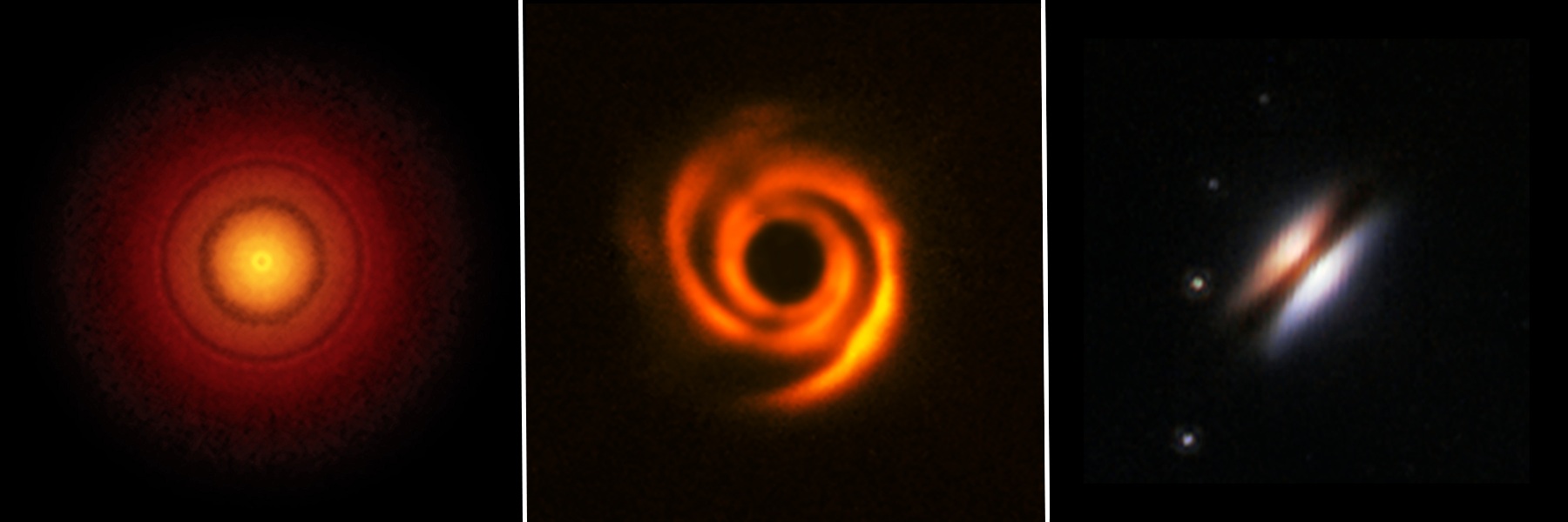 Three pictures side by side showing different formations of protoplanetary disks. Three pictures side by side showing different formations of protoplanetary disks.